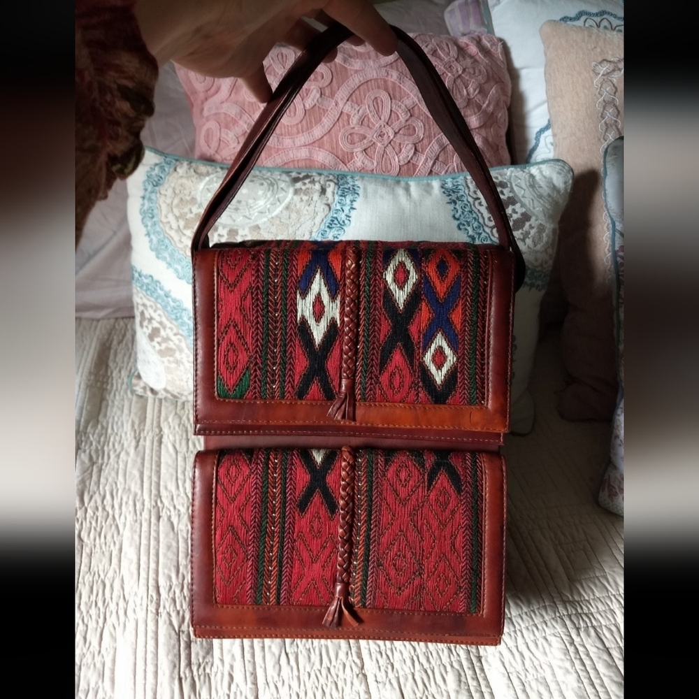Rare Vintage 1960’s Persian Khorshid Khanoom Design Leather & Hand Woven Handbag